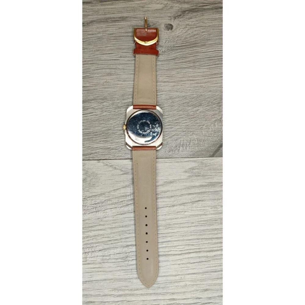 Vintage Vogue Quartz Watch Square Two Tone Case Japan Movt Brown Leather Strap